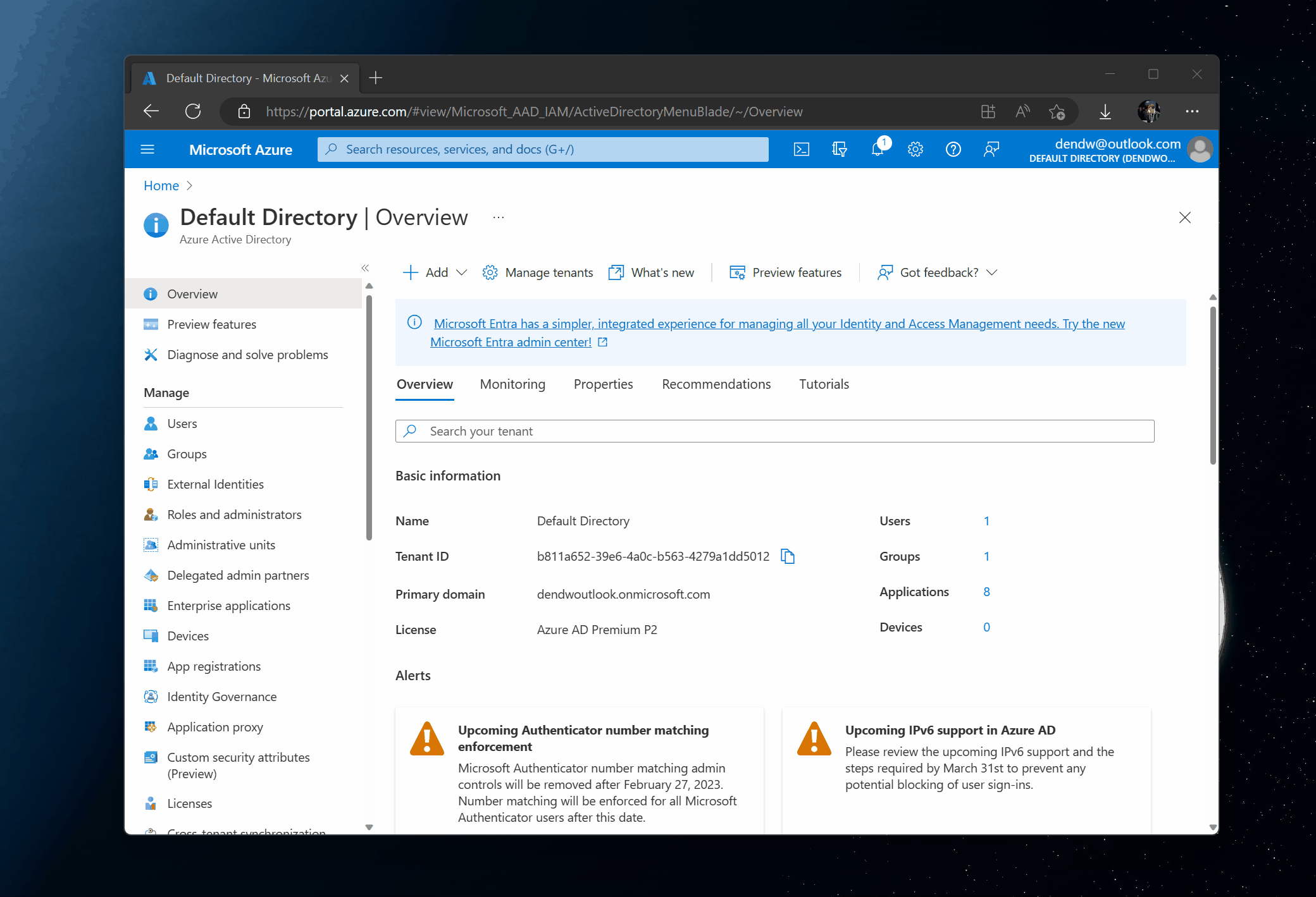 Azure AD recommendations showing up inside the Azure Portal