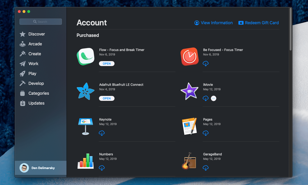 Mac App Store account view