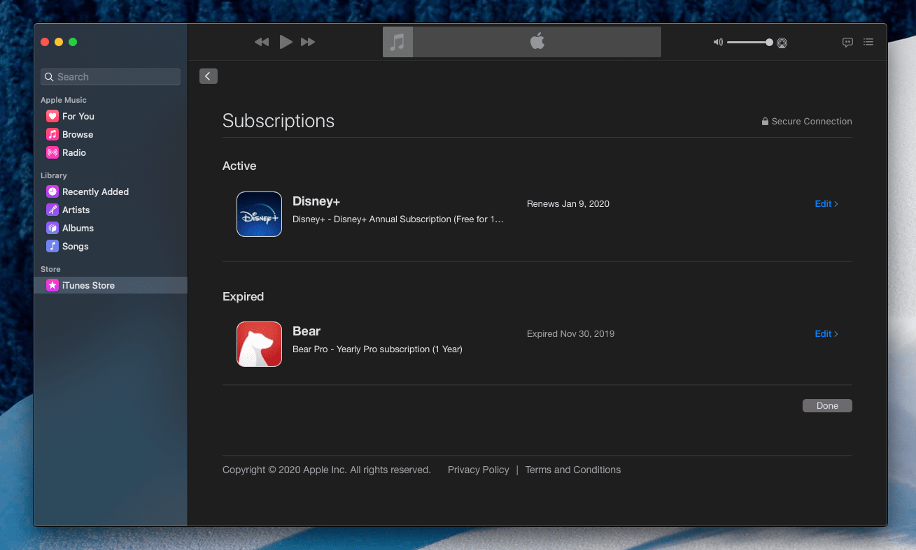 Managing subscriptions through the Music app on macOS