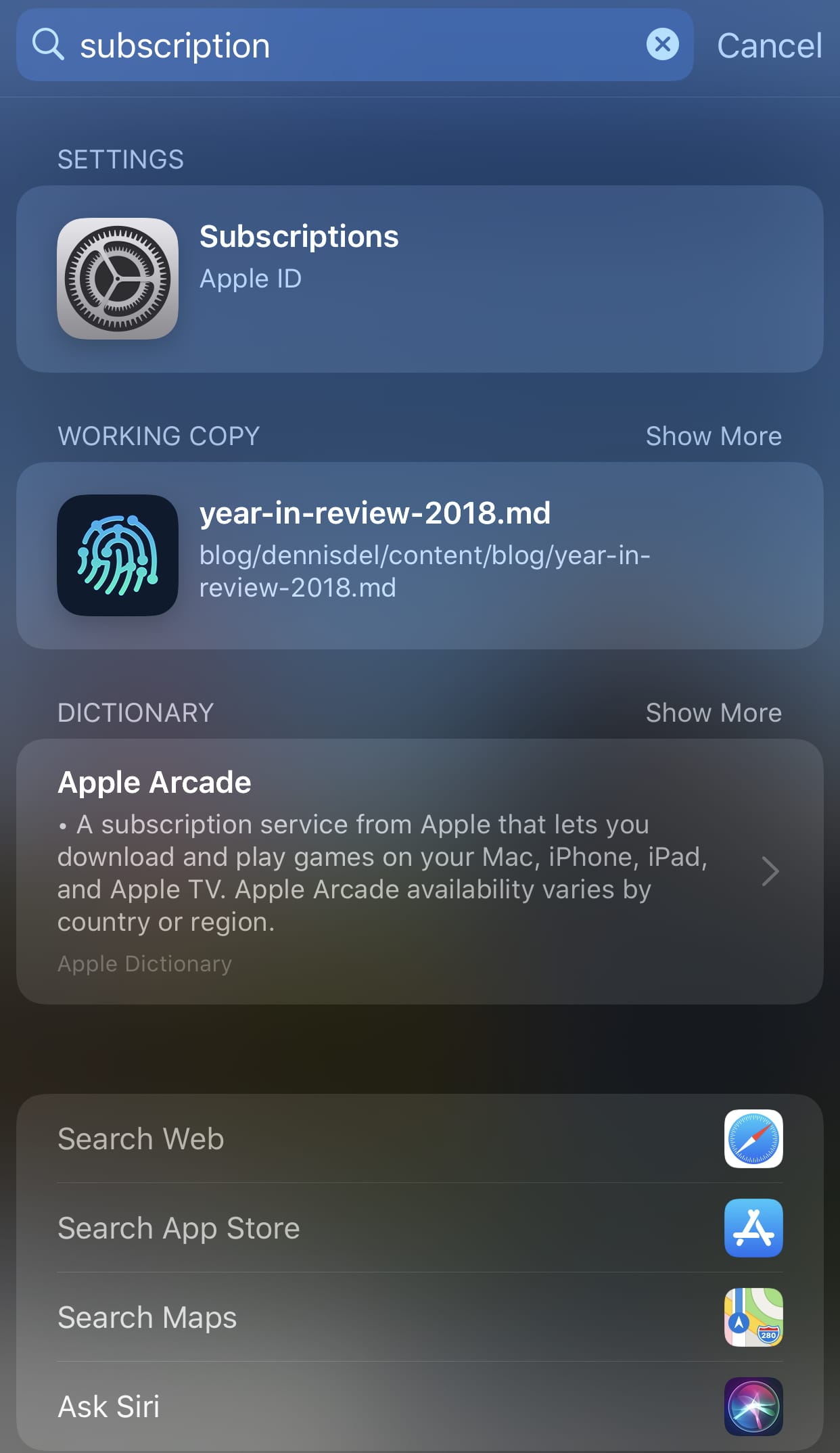 Subscription search in Siri