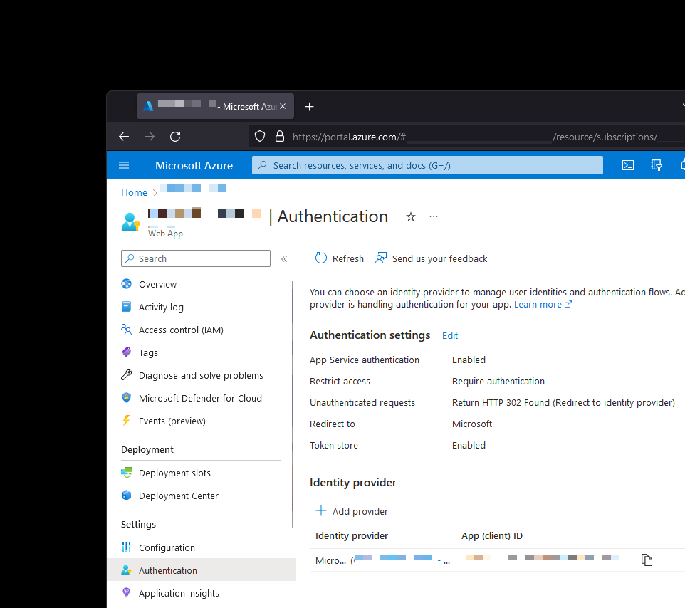 Image showing the Authentication blade in Azure Portal