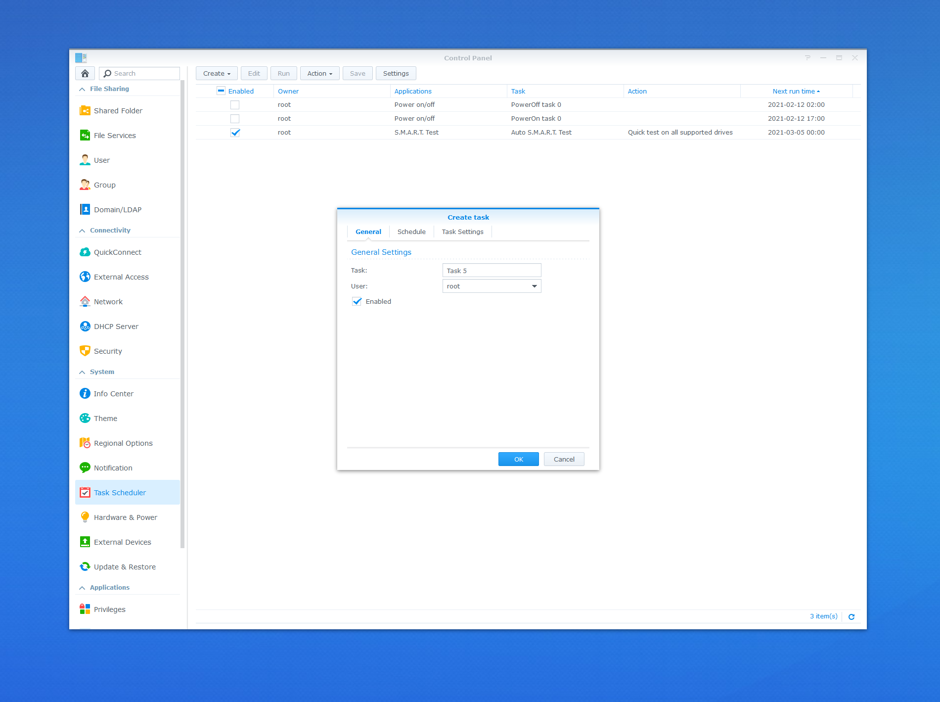 Creating a new background job in the Synology OS