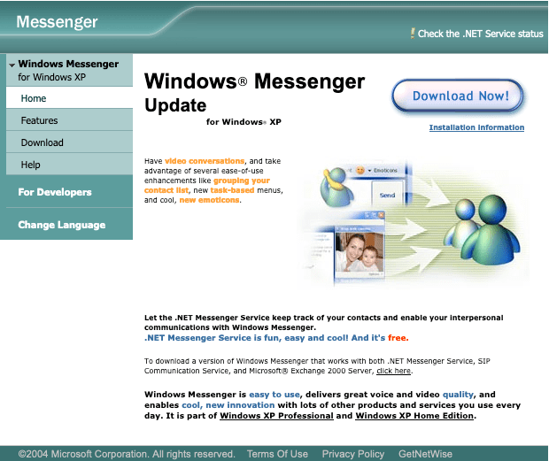 Download page for Windows Messenger