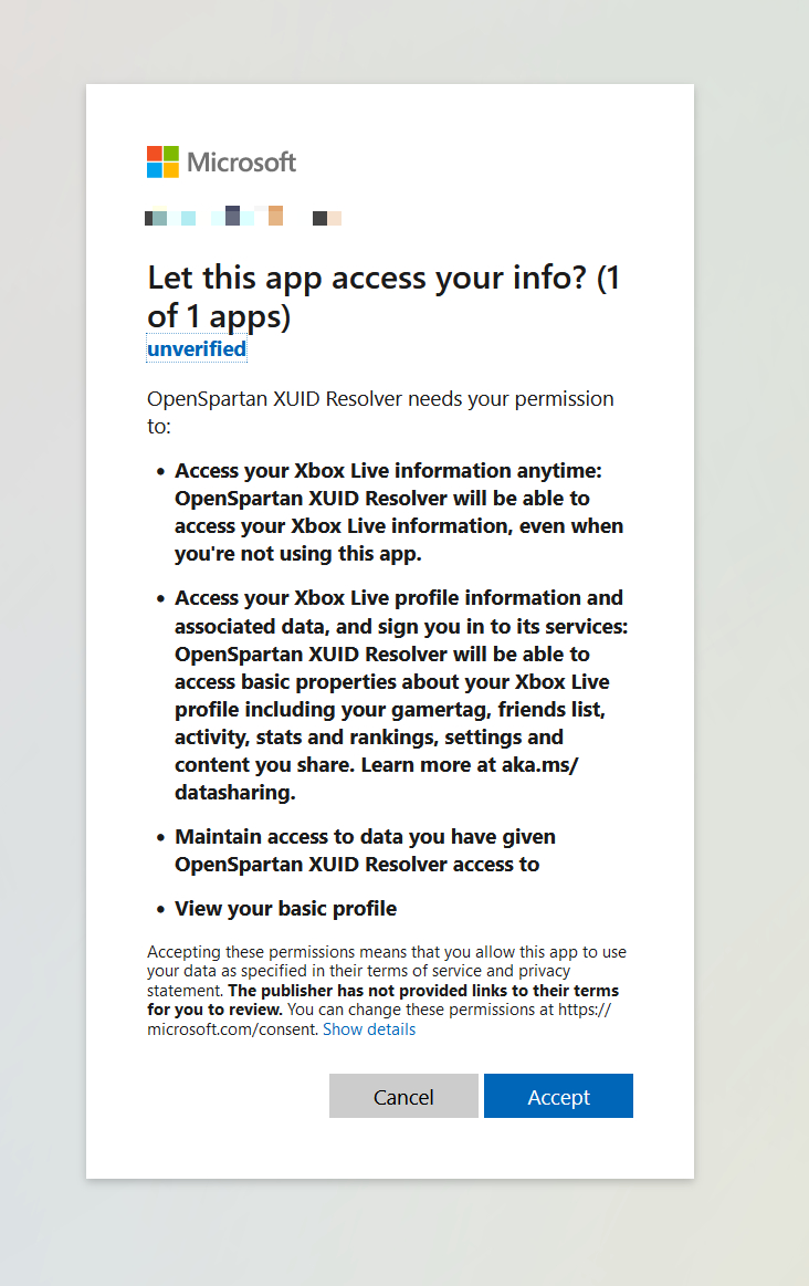 Consent prompt asking for permissions to access Xbox data.