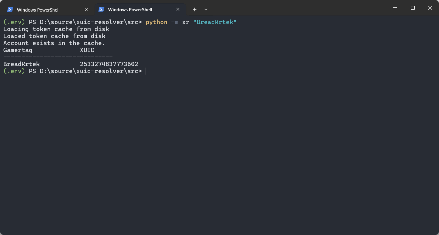 Resolved XUID shown in the Windows Terminal.