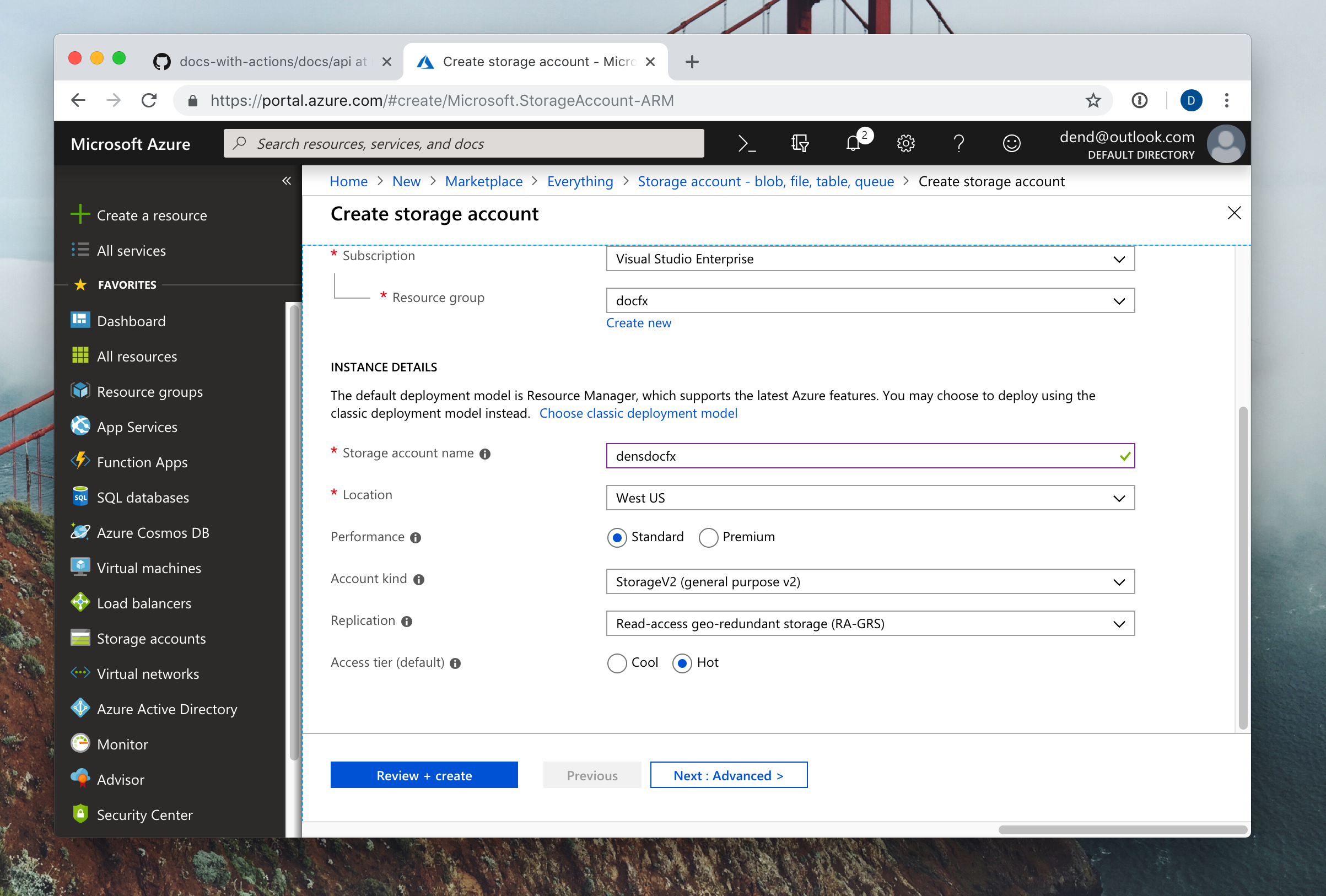 Configuring Azure Storage account in Azure Portal