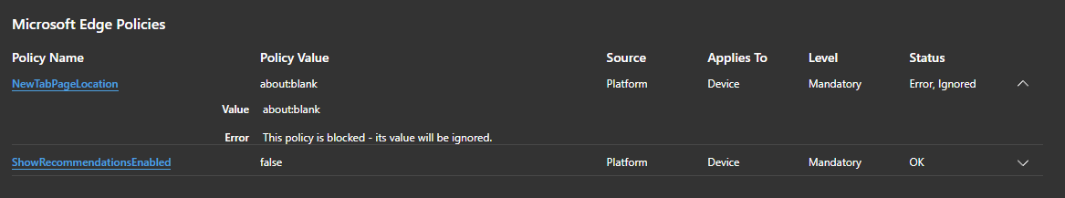 Example of a blocked policy in Microsoft Edge