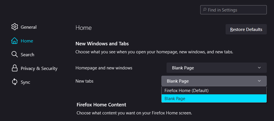 Blank tab settings in Firefox
