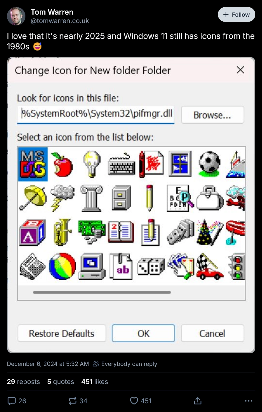 Tom Warren on Bluesky: "I love that it's nearly 2025 and Windows 11 still has icons from the 1980s 😅"