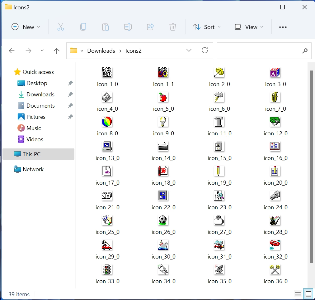 Screenshot of Windows Explorer showing extracted icons in a folder.