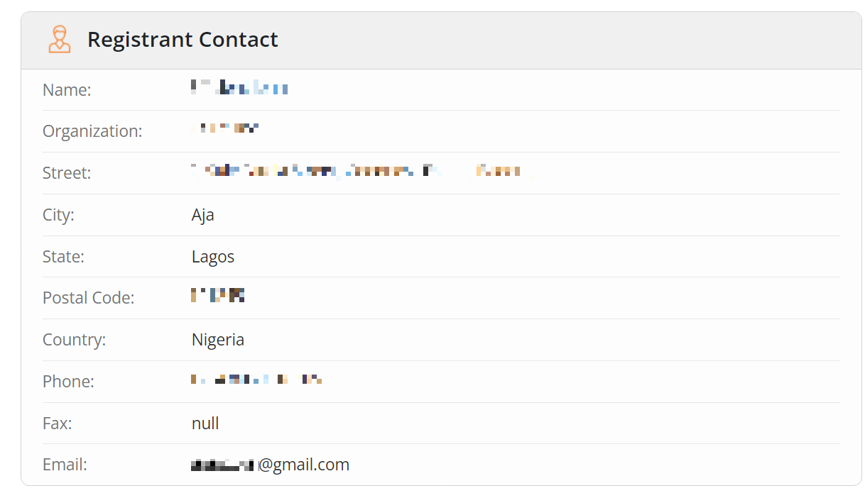 WHOIS records showing the true registrant of a domain.