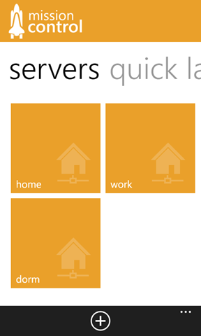 Screenshot of the Windows Phone application listing servers