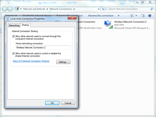 Windows network settings in Control Panel