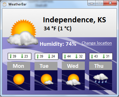 Weather application screenshot for Windows 7