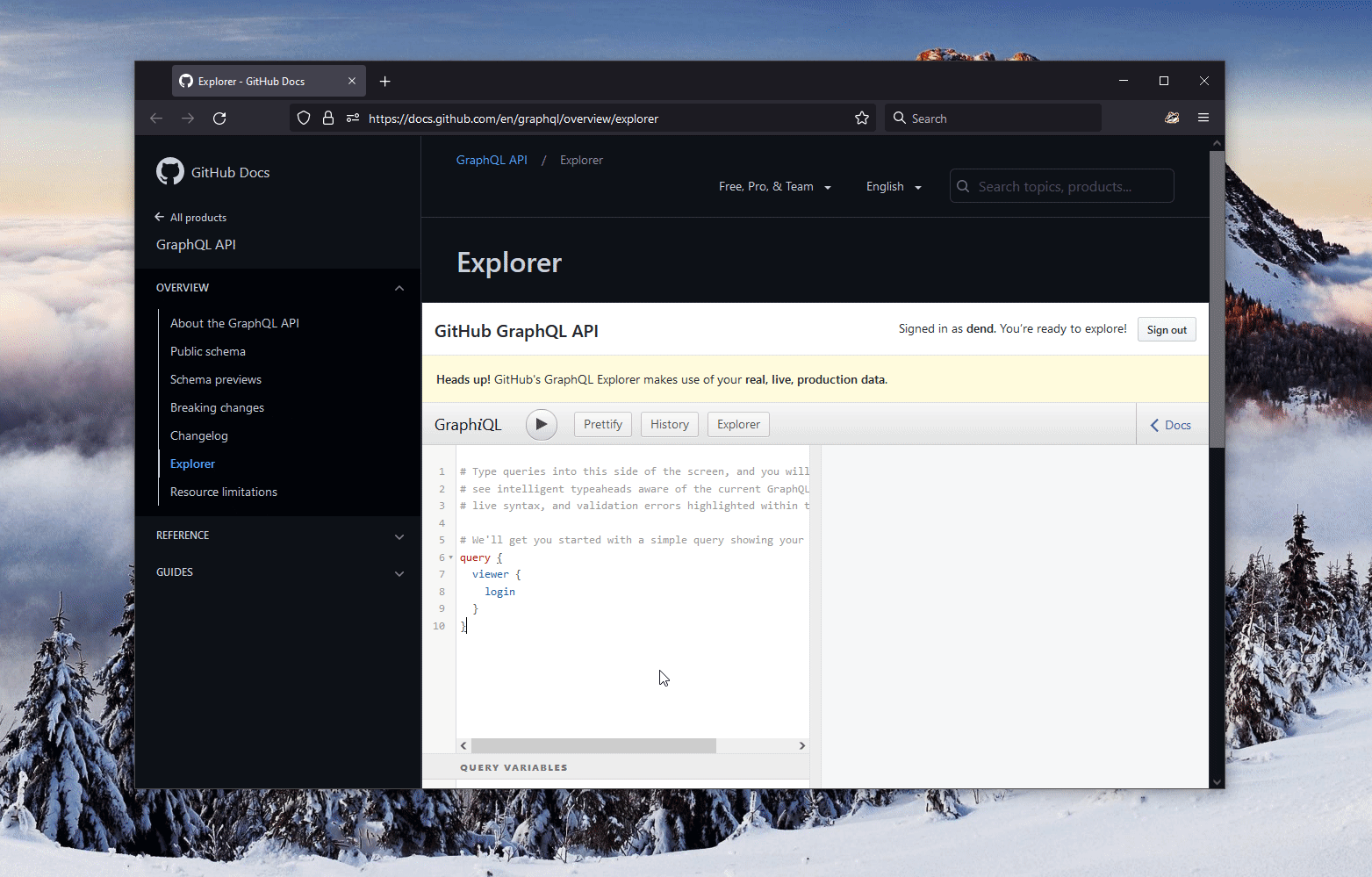 GIF of a user running a GraphQL query in the GitHub Graph Explorer web experience