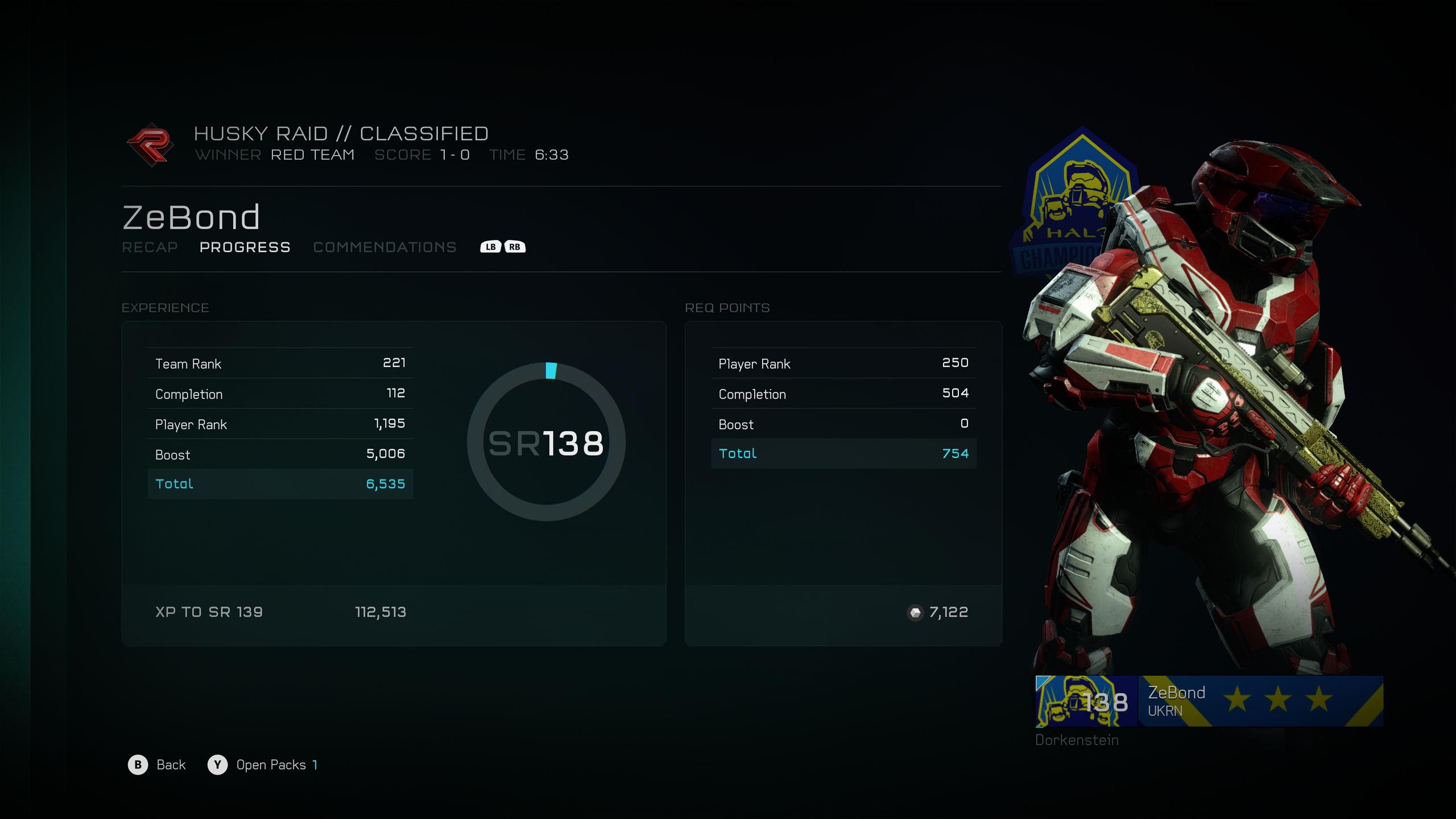 Halo 5 showing the player service record at SR138.