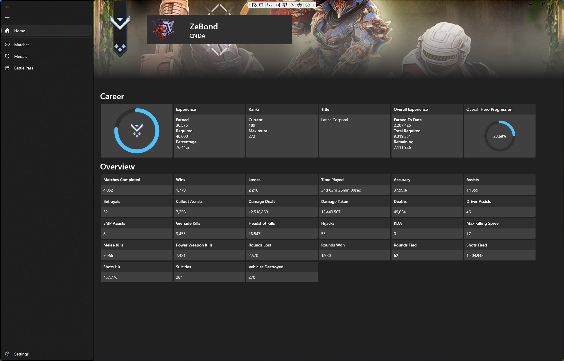Service record view of a Halo Infinite player, as seen through OpenSpartan.