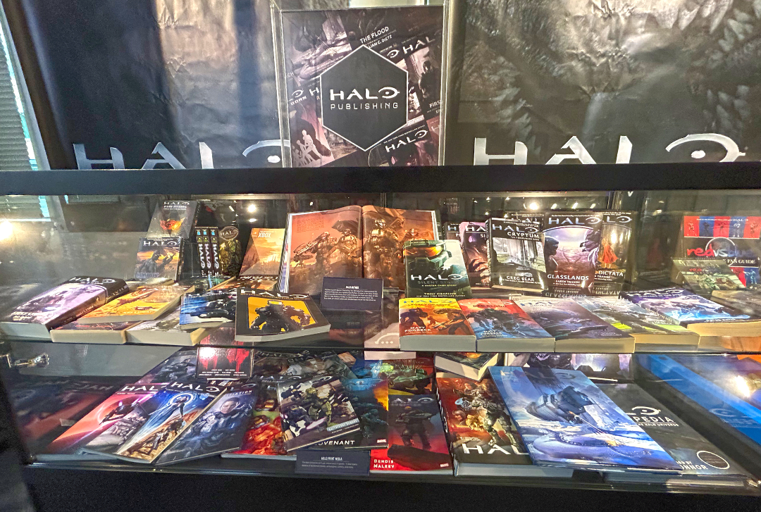 Halo books on a museum shelf