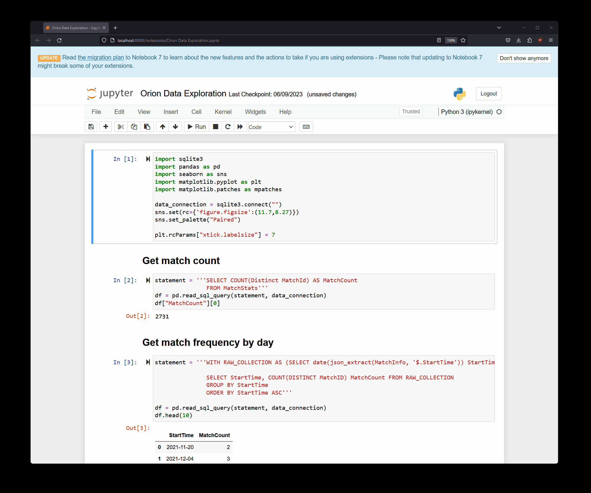 GIF showing the use of Jupyter Notebooks locally to analyze SQLite data