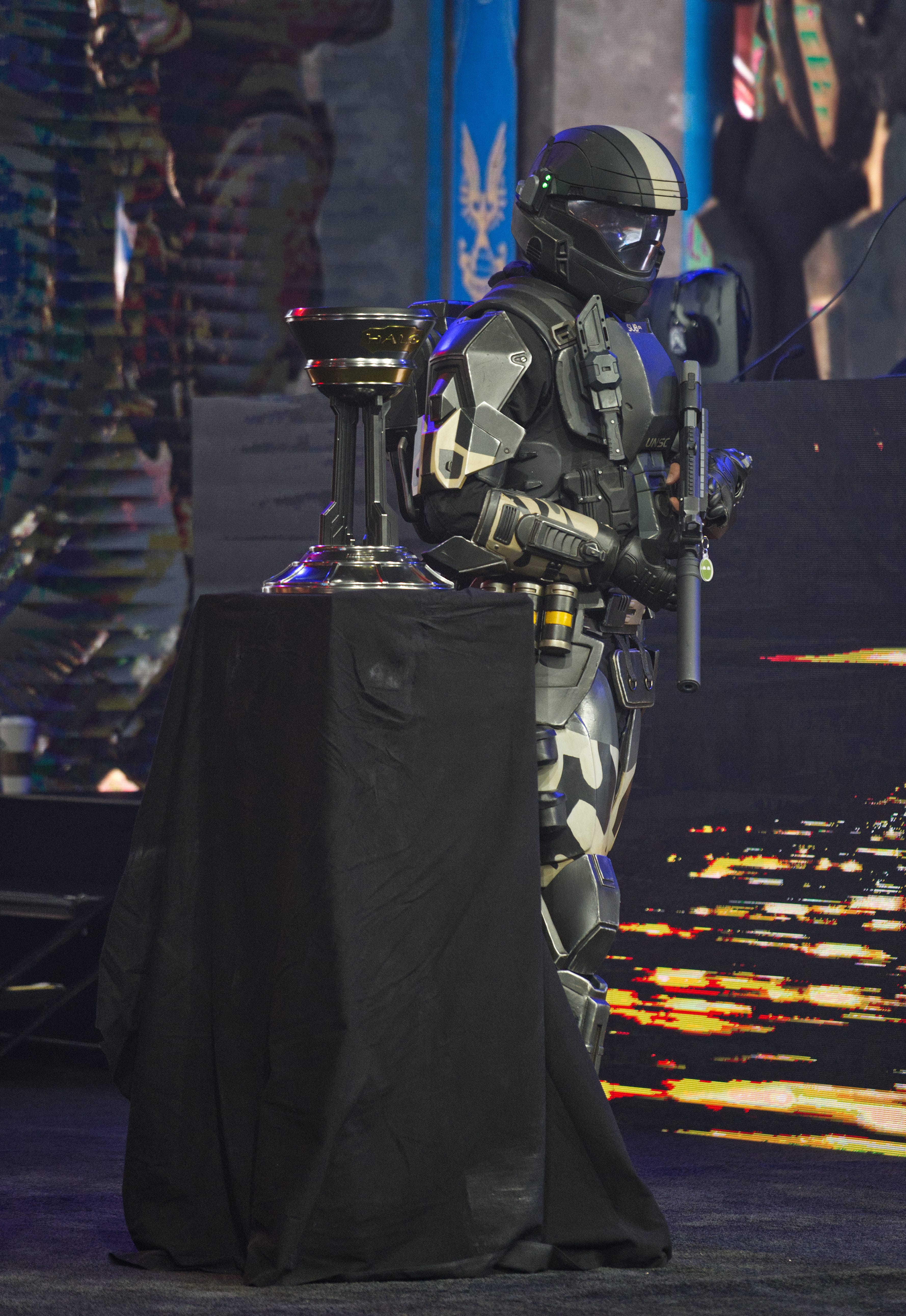 An ODST and the Halo World Championship trophy.