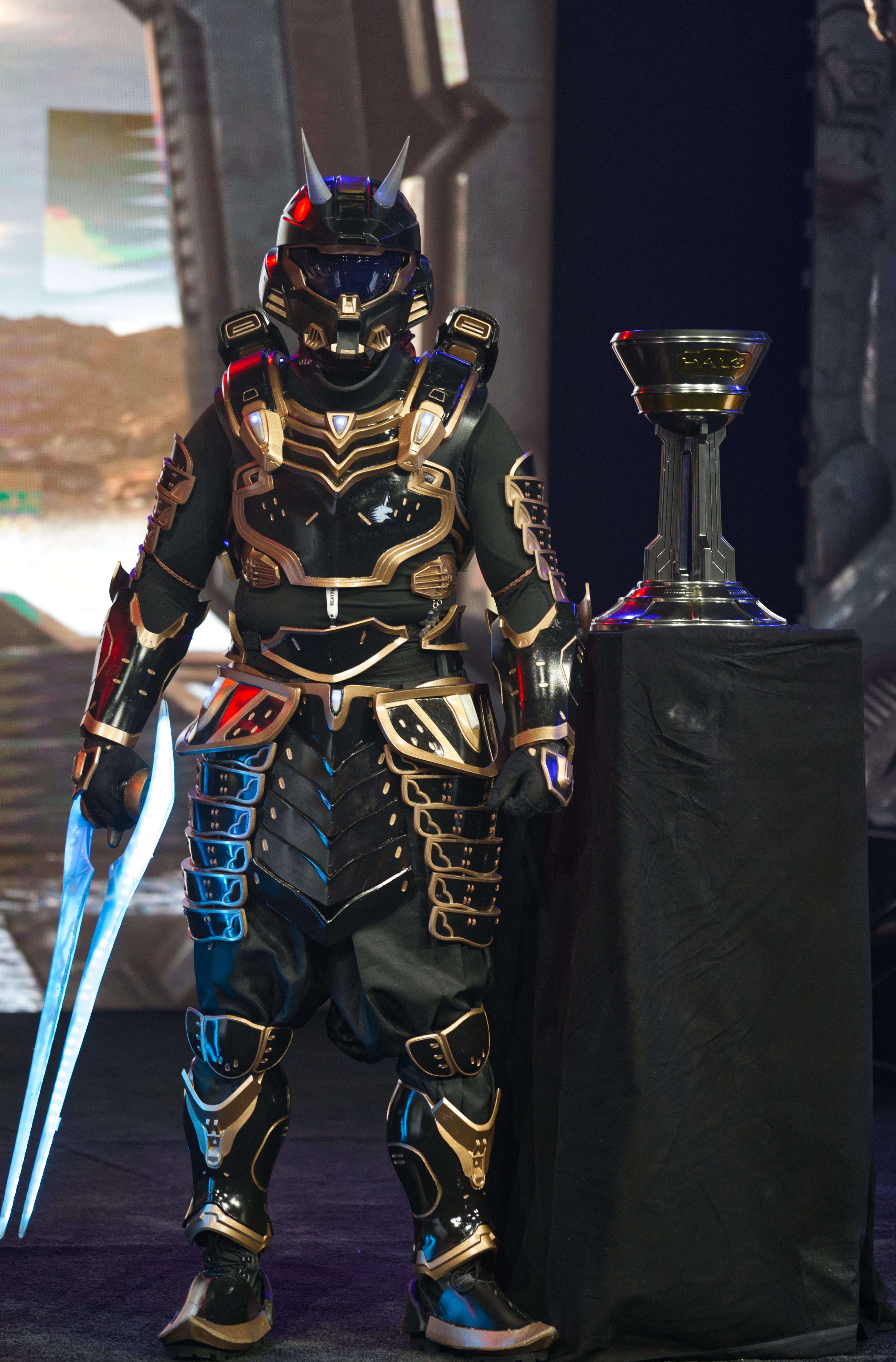 A Tenrai Spartan next to the Halo World Championship trophy.