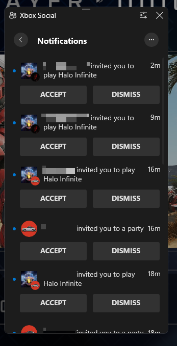 Screenshot of continuous invites on Xbox to join a party and game.