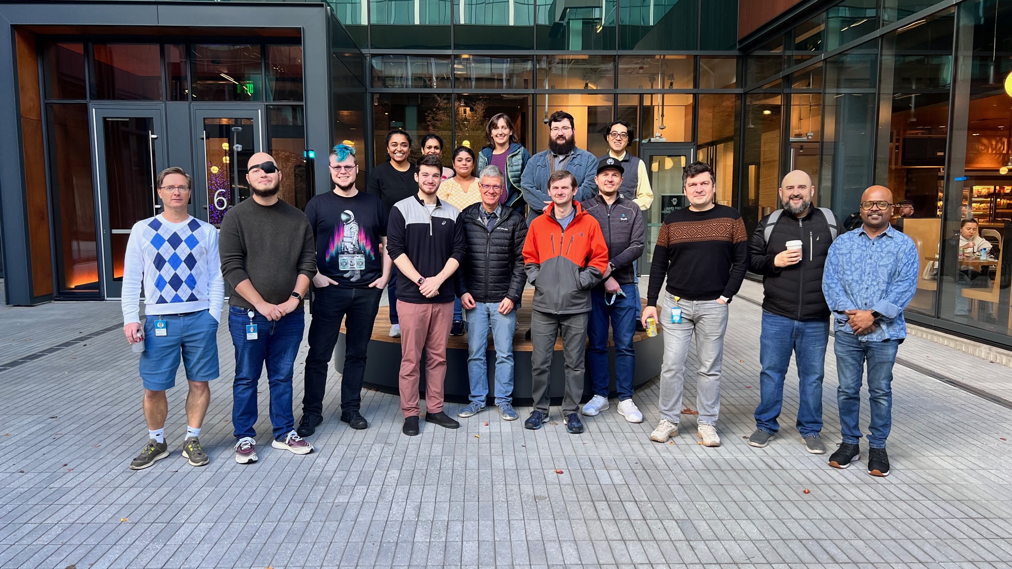 Part of the Microsoft Identity Authentication SDK team standing in front of the brand-new Building 6 on the Microsoft campus. Photo credit: Gladwin Johnson.