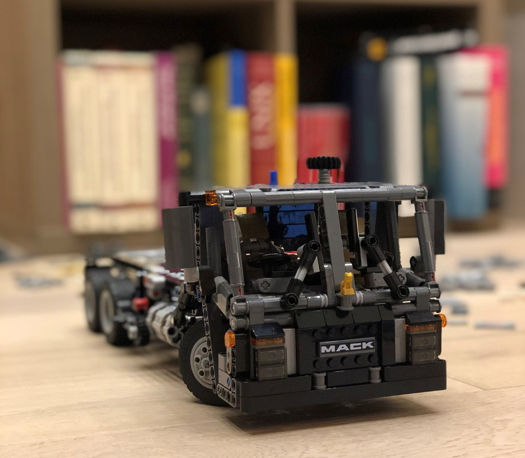 A LEGO MACK truck from the front