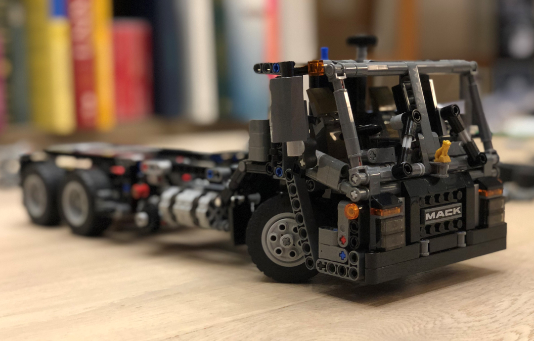 A LEGO MACK truck from the side