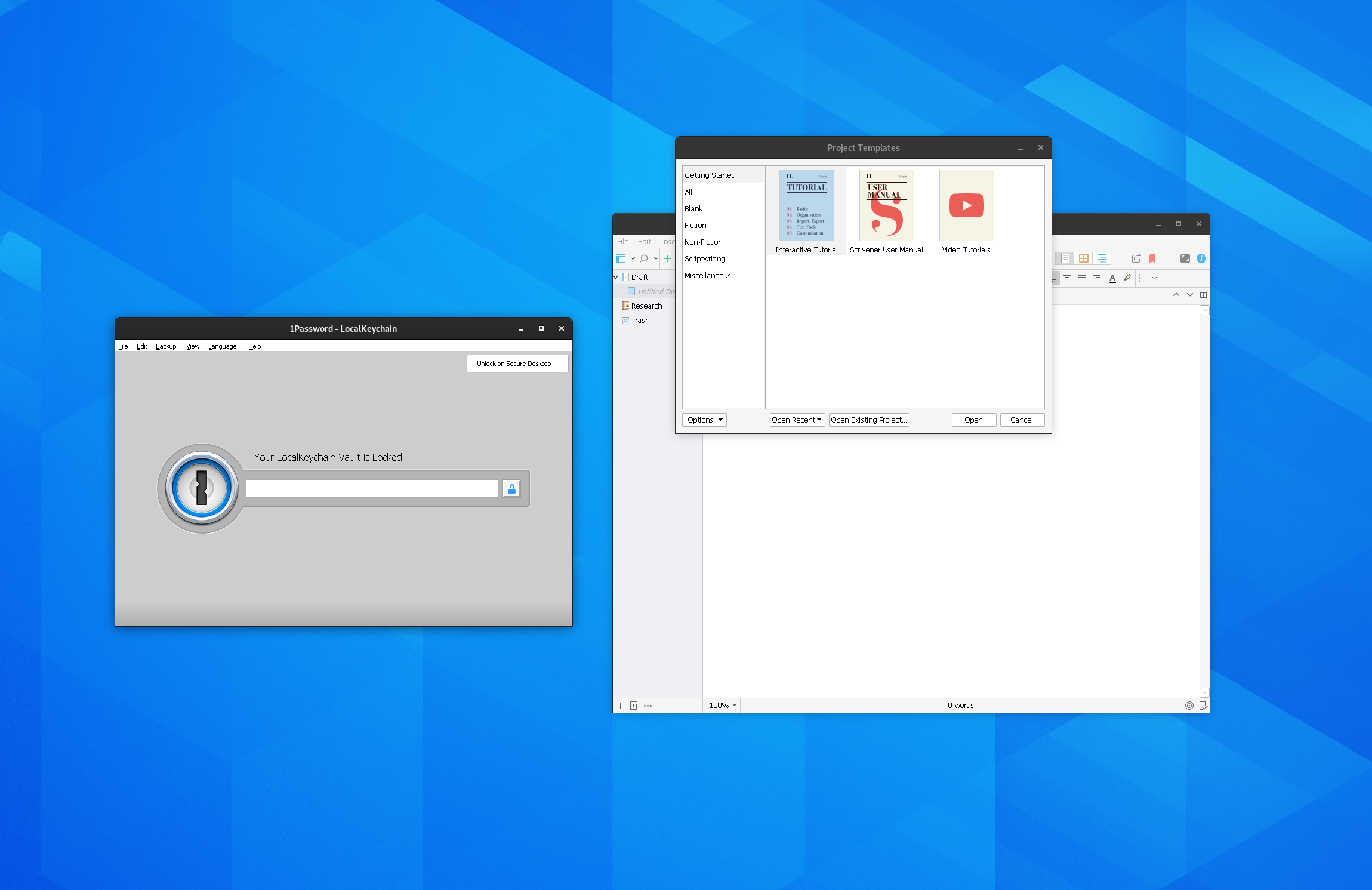 Image of 1Password and Scrivener running side-by-side on Linux