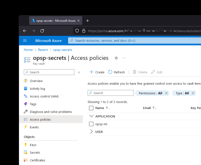 Screenshot of a managed identity assigned to a Key Vault in the Azure portal