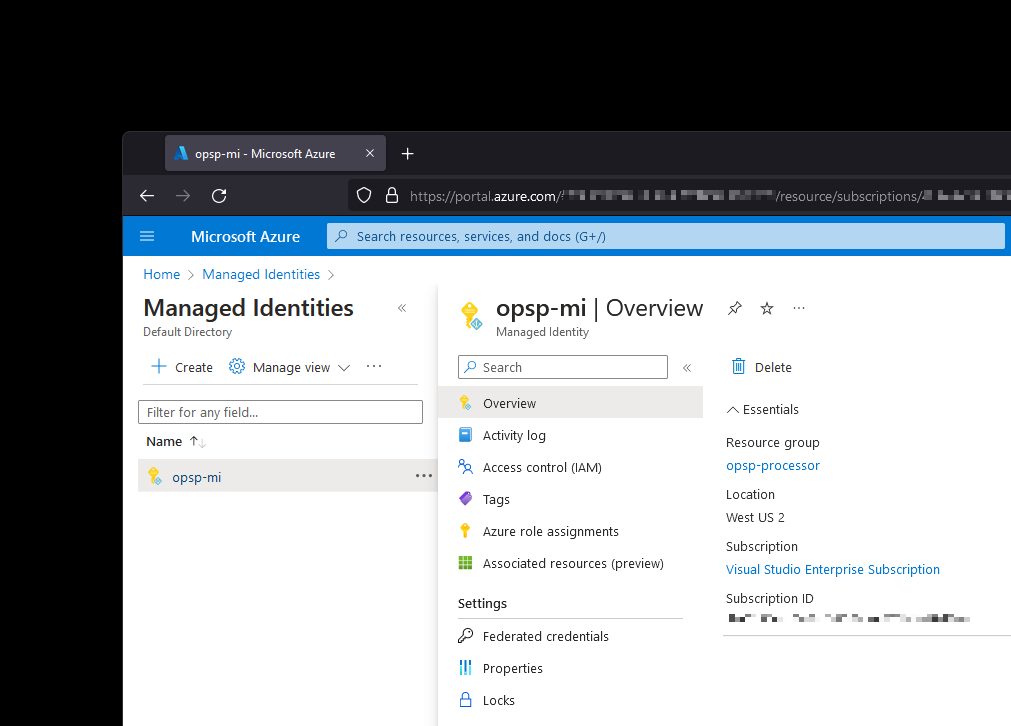 Screenshot of managed identity in the Azure portal