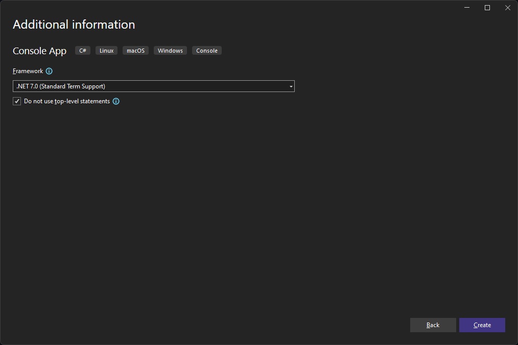 New console app creation flow in Visual Studio