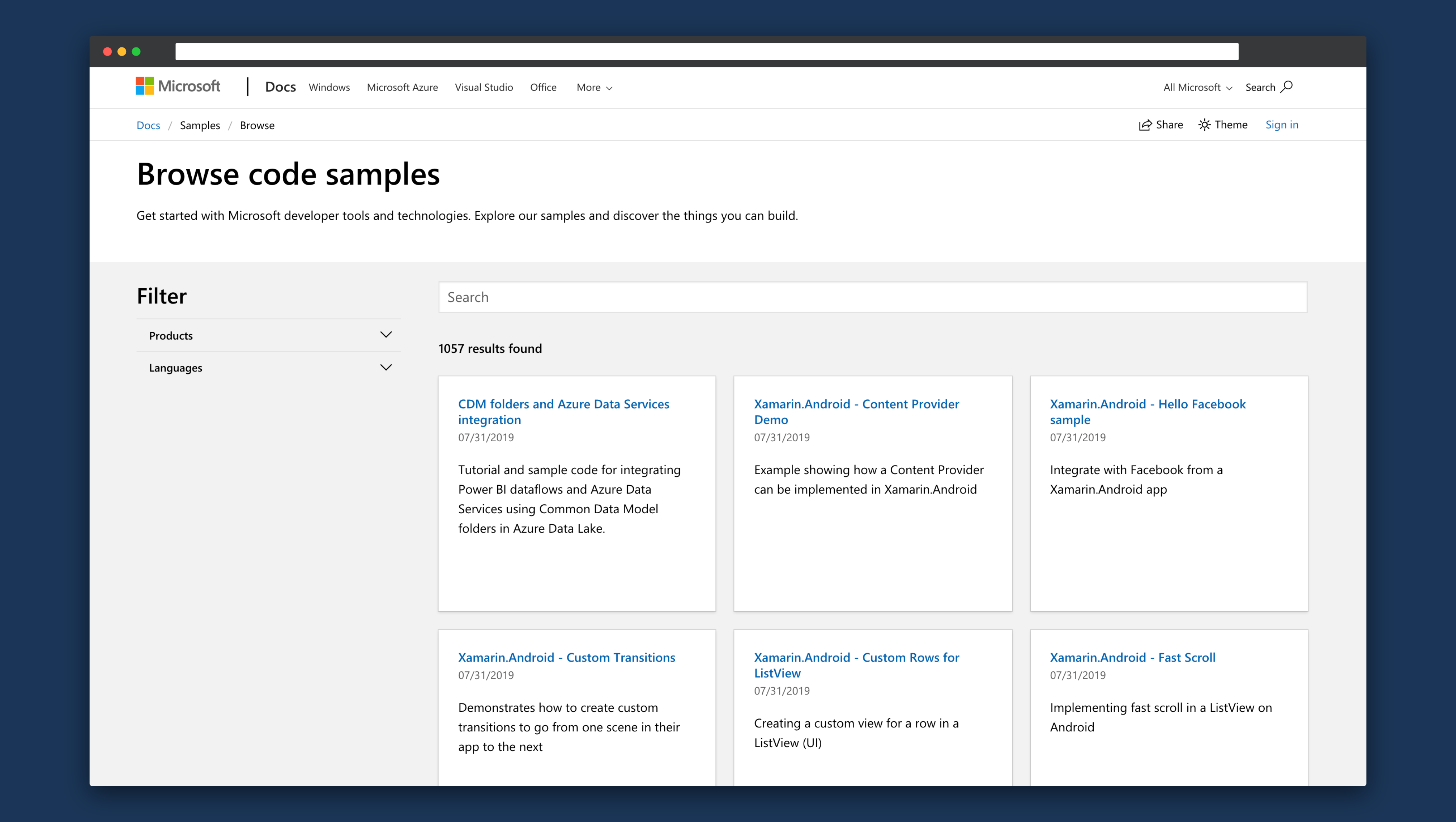 Screenshot of the new Microsoft sample browser