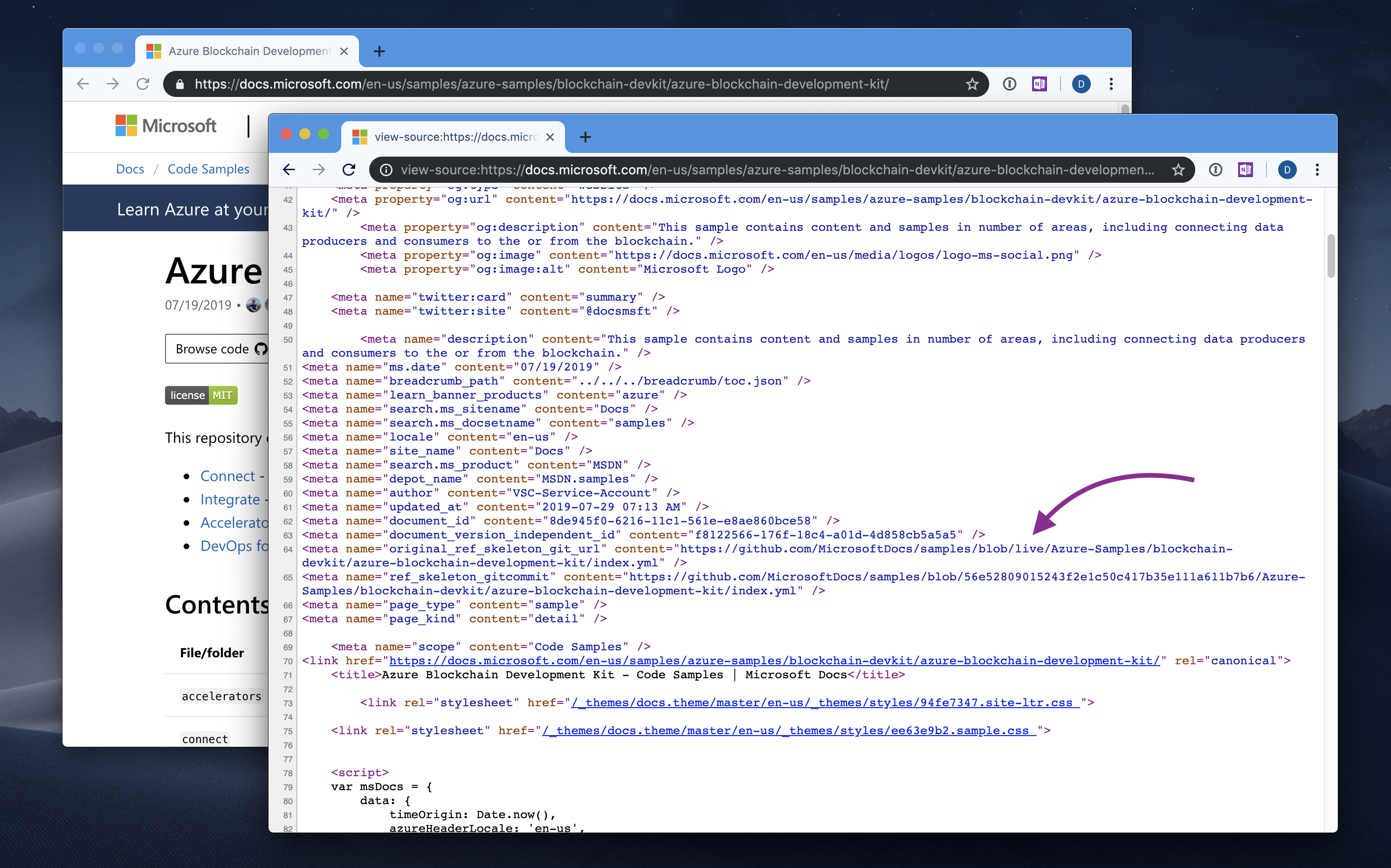 Screenshot showing the source of the sample page that points to a GitHub repo