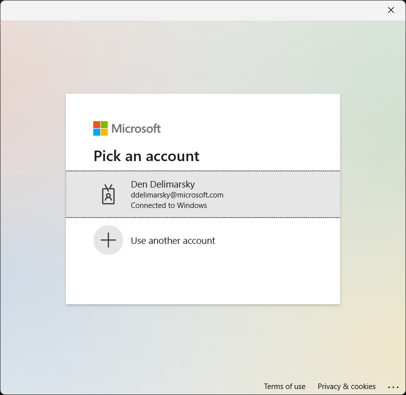 Picking an account to sign into a Microsoft Entra ID-registered application.