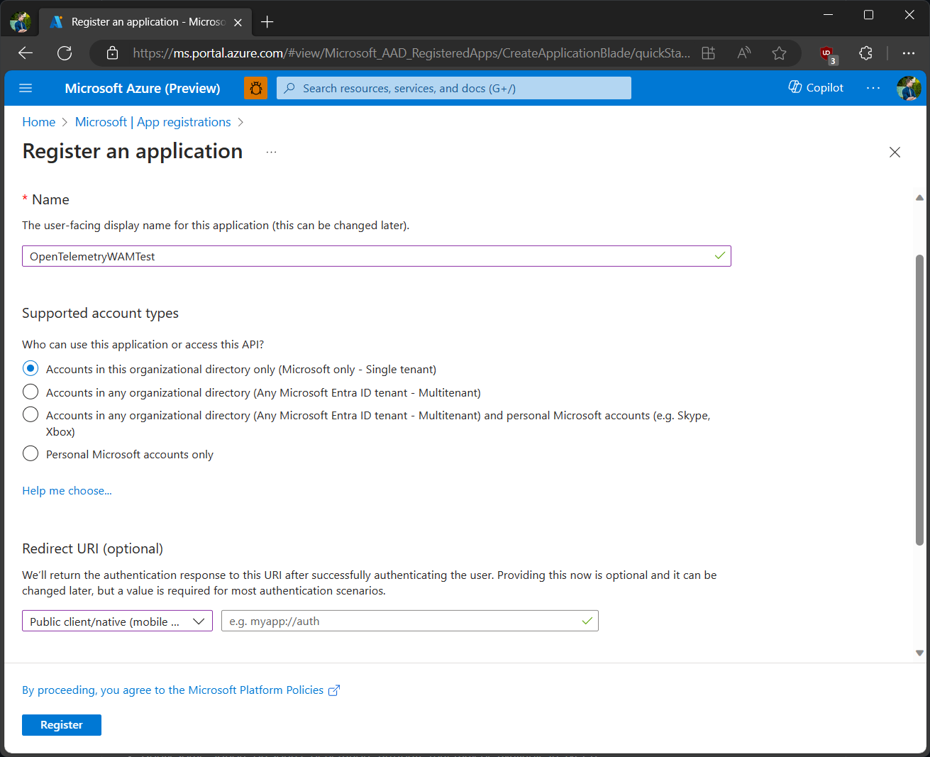 Registering a new Microsoft Entra ID app in Azure Portal.