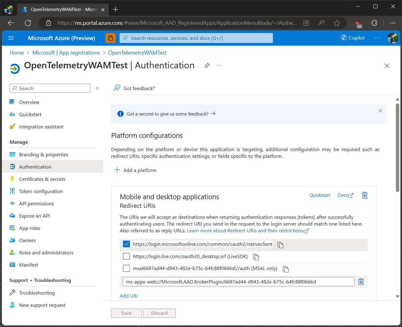 Setting up a redirect URI for a Microsoft Entra ID app in Azure Portal.