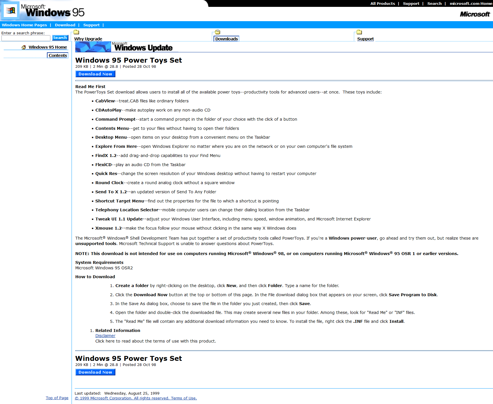 Original landing page for PowerToys for Windows 95.