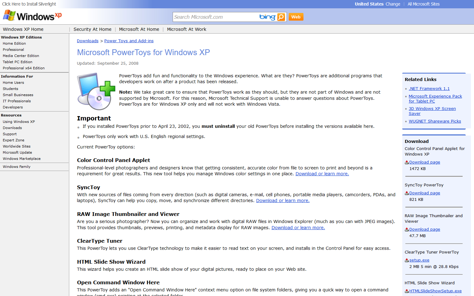 Original landing page for PowerToys for Windows XP.