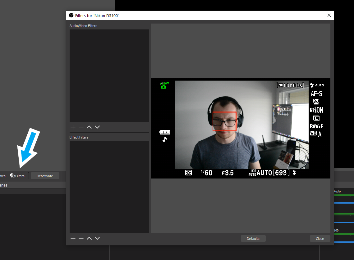 Filters button in OBS Studio