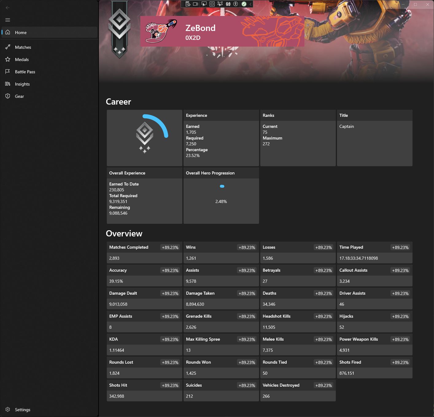 Example of OpenSpartan displaying the player record