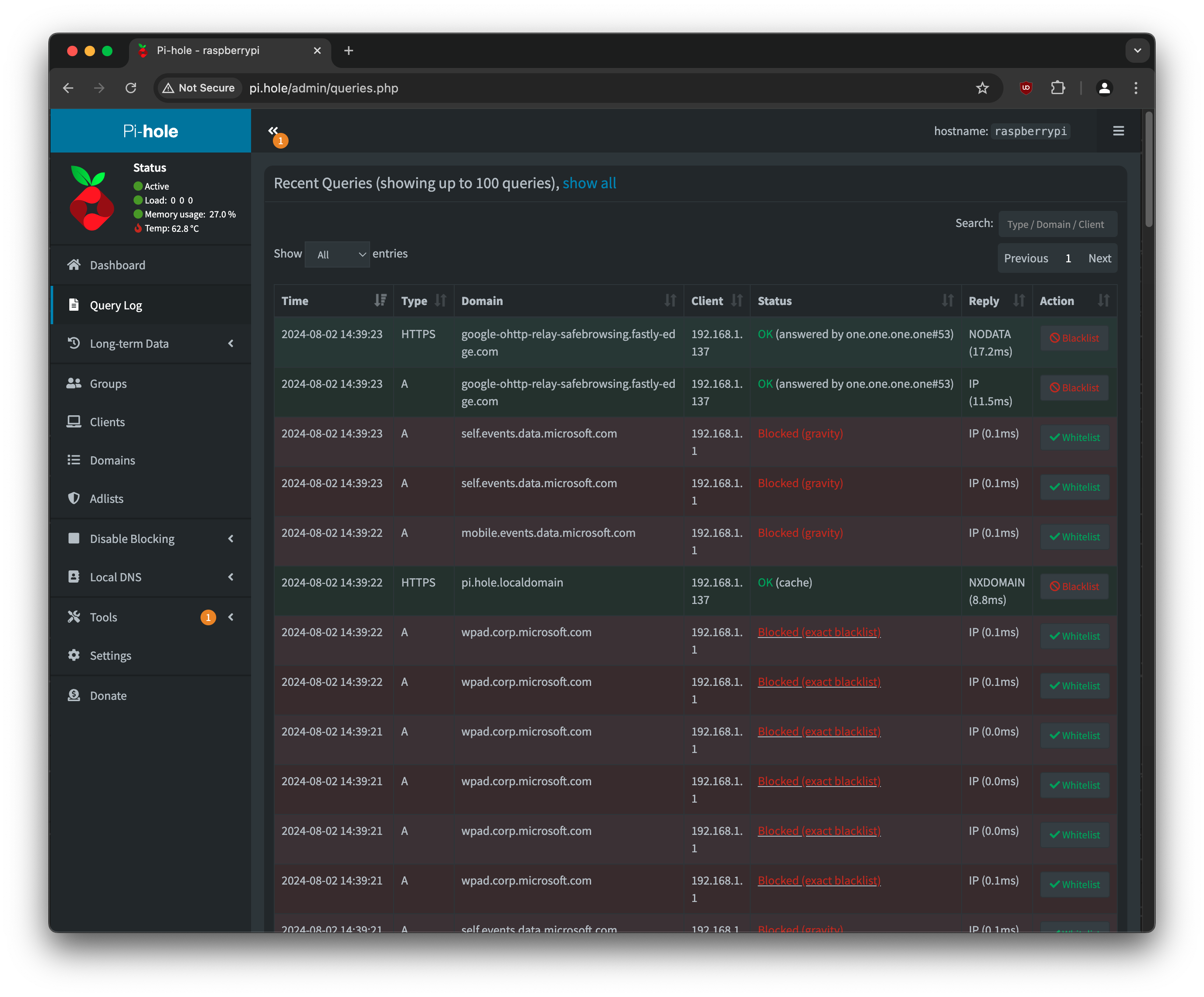 Screenshot of the Pi-hole query log in a web browser.