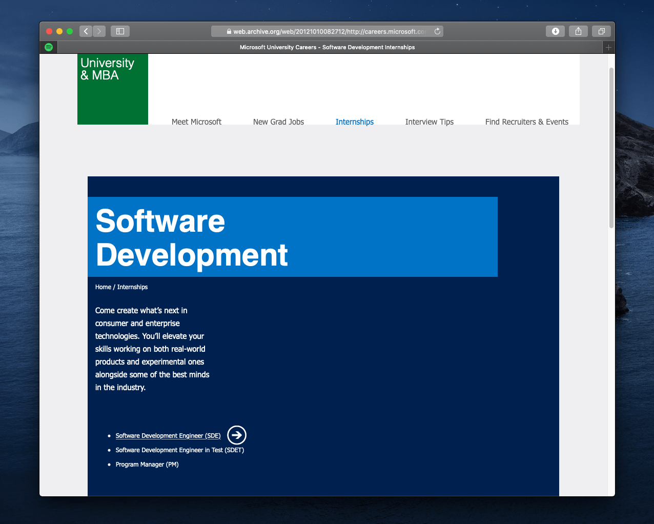 Microsoft internship site back in 2012