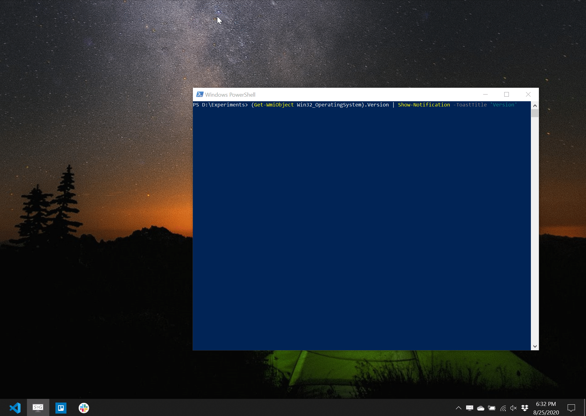 Example of a PowerShell script displaying a native Windows 10 notification