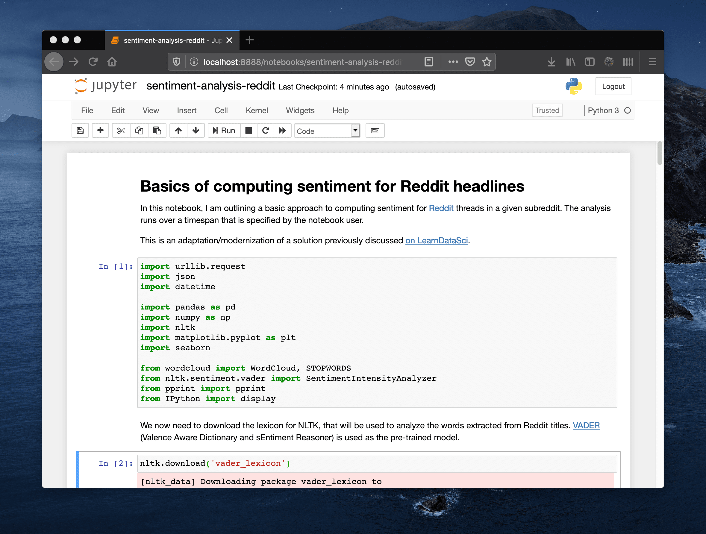 Jupyter notebook for Reddit sentiment analysis screenshot