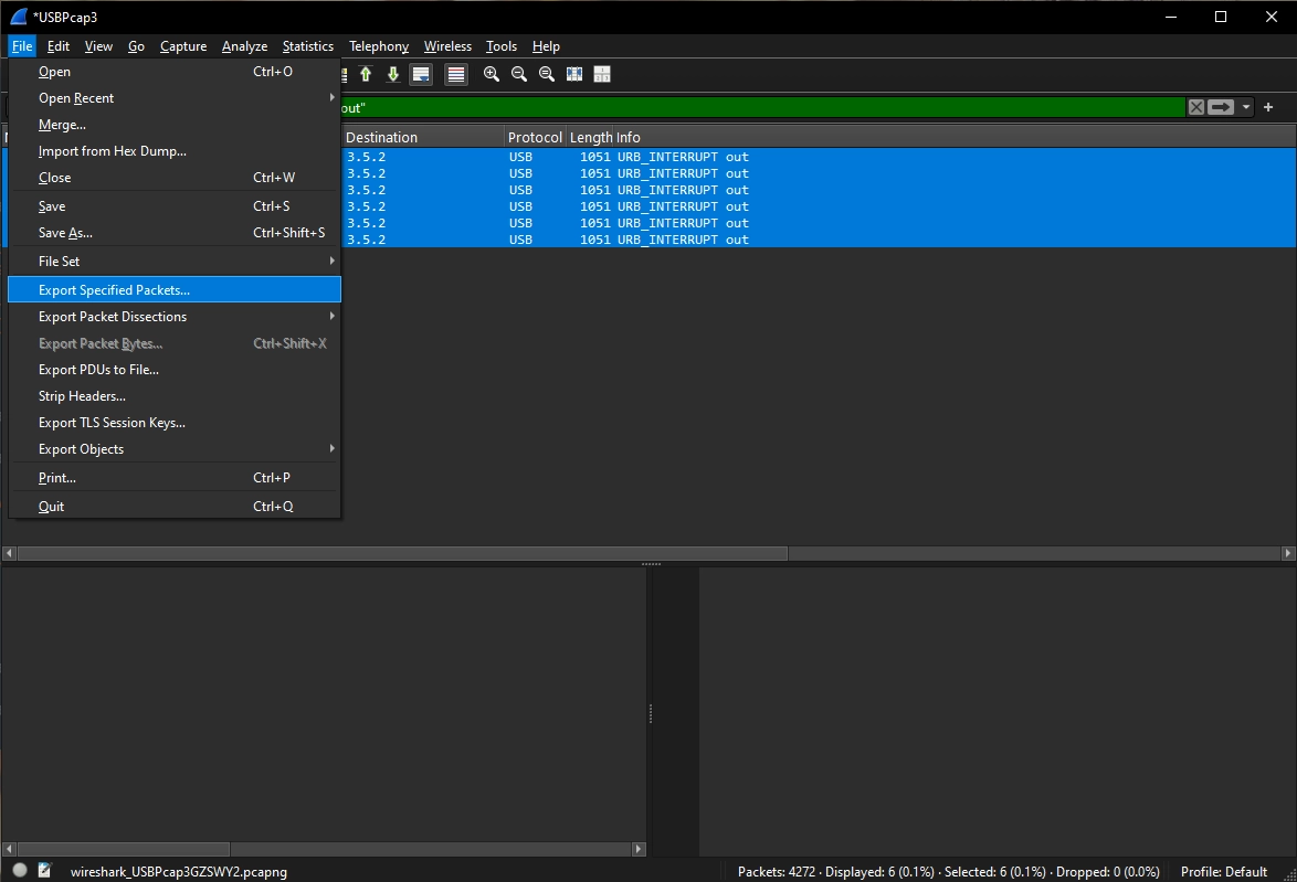 Exporting a subset of packets in Wireshark.