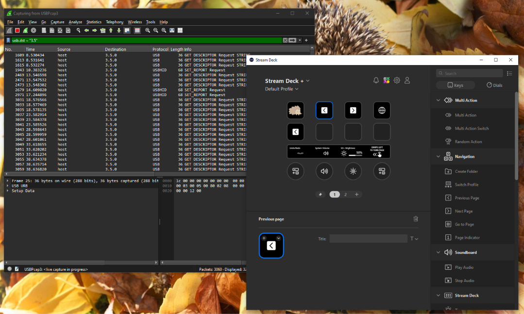 Setting an image in Stream Deck software and inspecting the packets in Wireshark.