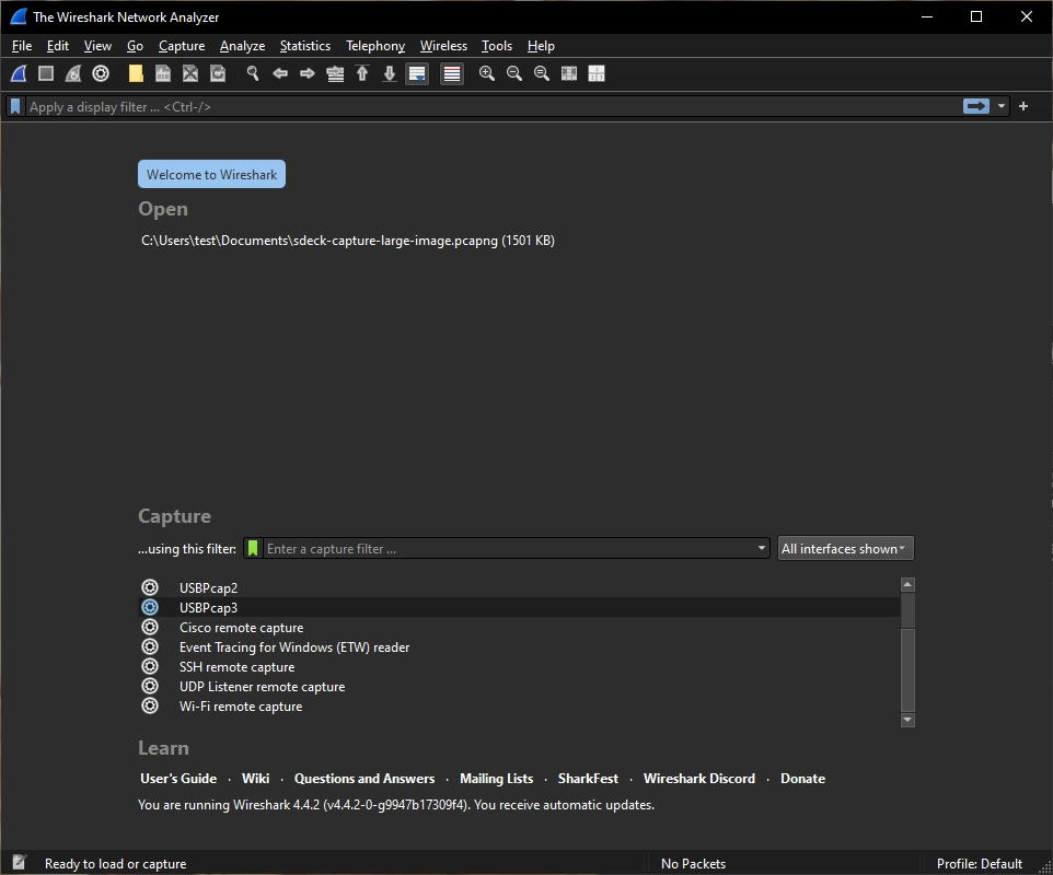 Selecting a USB interface in Wireshark.