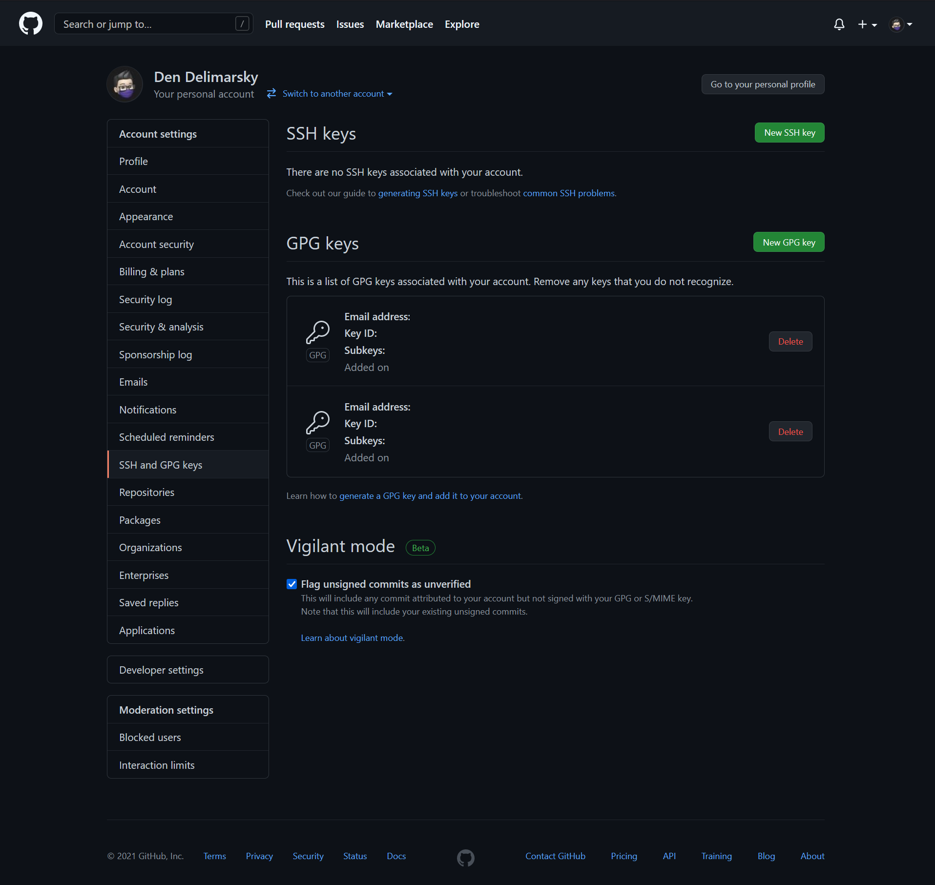 Managing GPG settings on GitHub